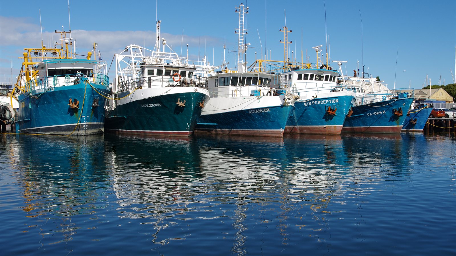 Fishing boats moored along a working harbour quay
