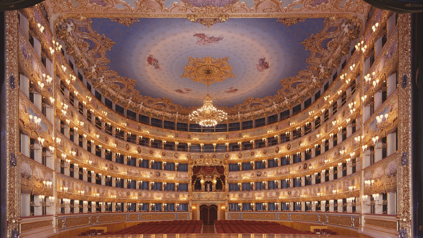 View from the stage of an ornate opera house