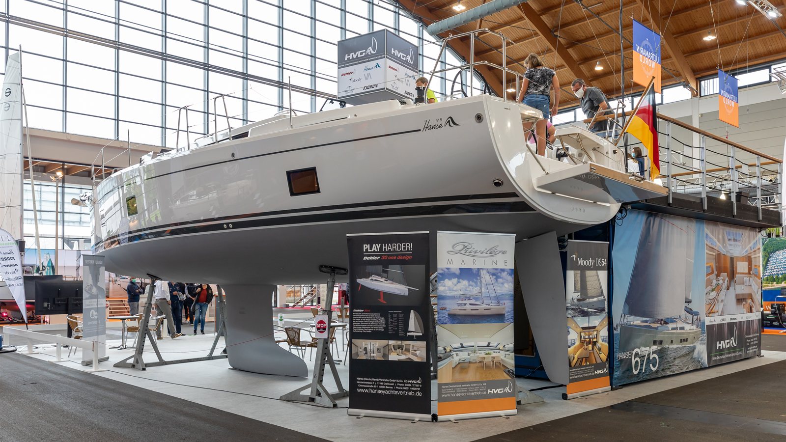Boats and rigging at a boat show pontoon