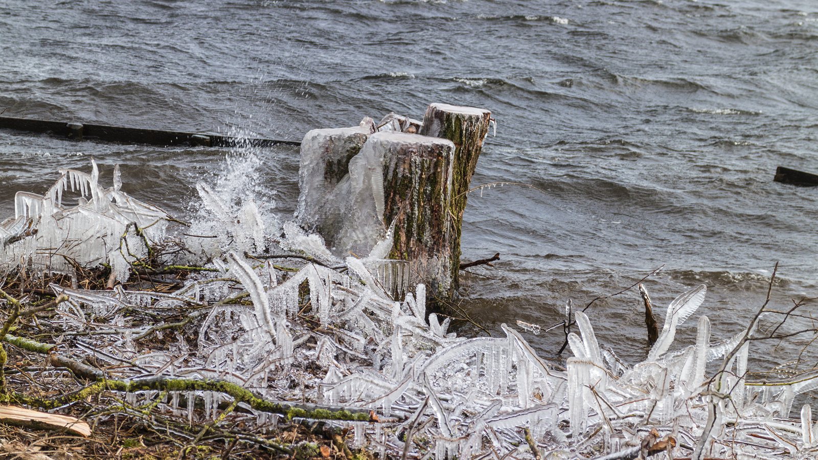 Ice formations along a wind-blown lake shore in winter