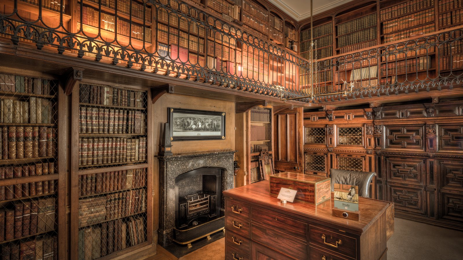 Quiet study room with desk and bookshelves