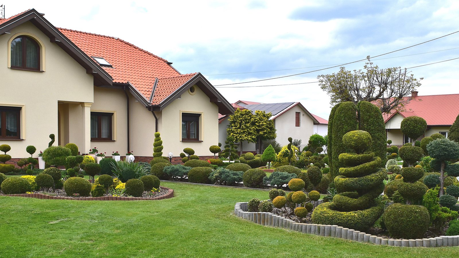 Front garden filled with clipped conifer topiary shapes