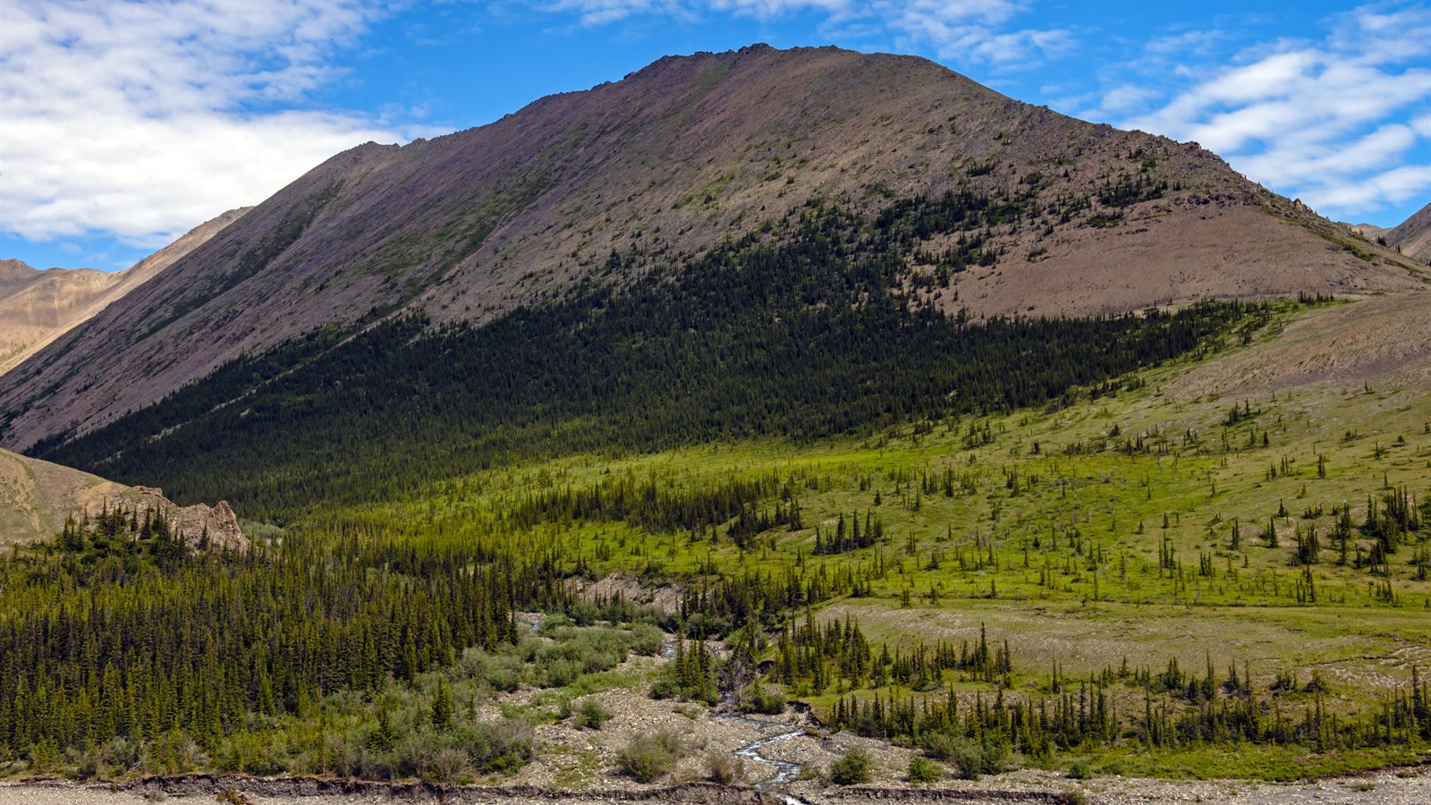 Mountain brook running through open valley towards distant peaks