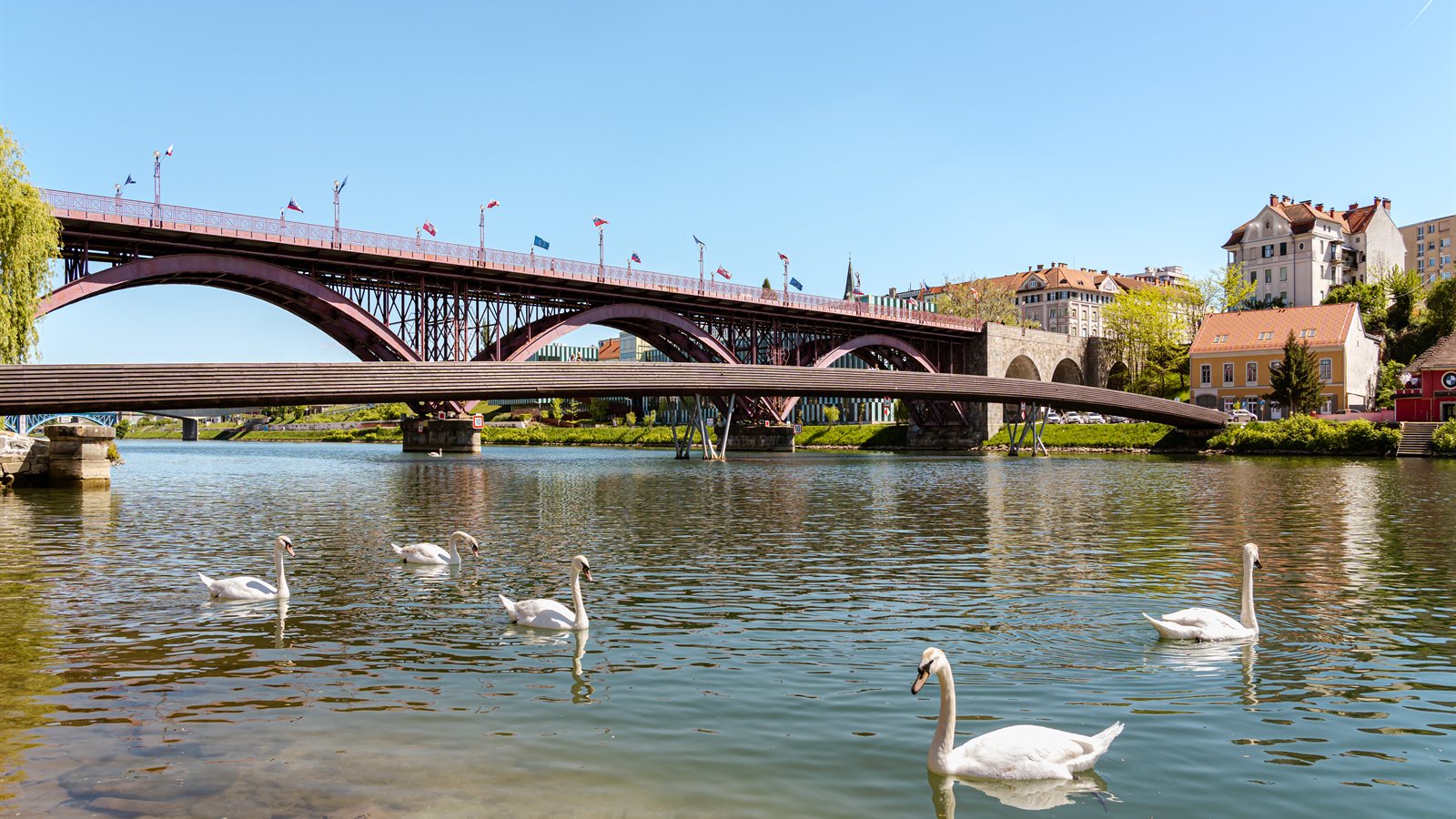 Wooden footbridge crossing a river beside an old town bridge