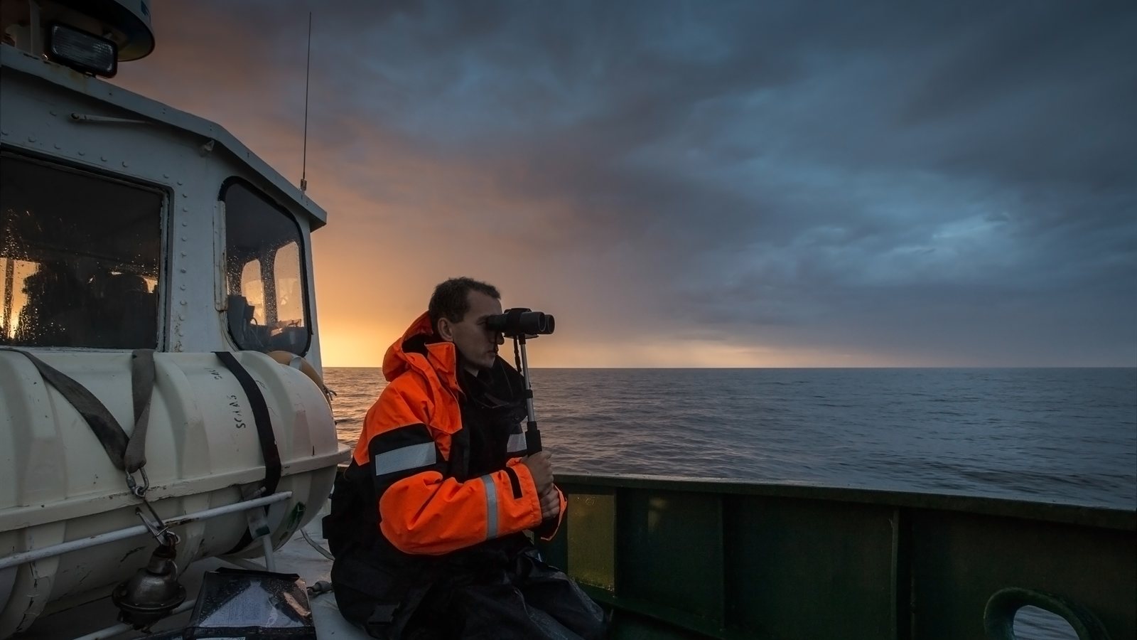 Observer scanning the sea with binoculars from a boat at dawn